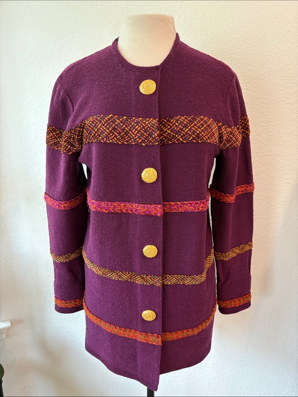 Women's Plum Knit Button-Front Sweater Coat with Gold Buttons